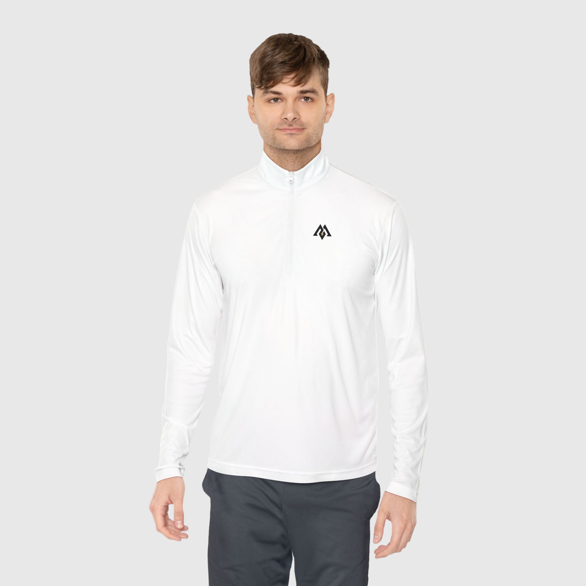 Man wearing a white long-sleeve shirt with a logo on a white background
