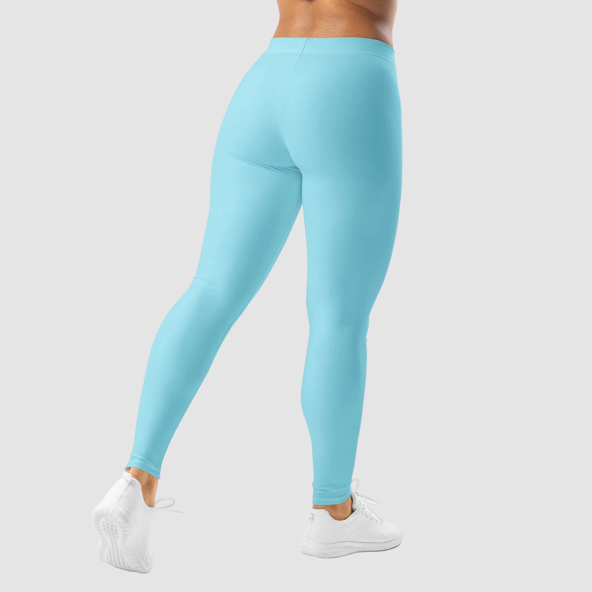 Light blue leggings worn by a person on a white background