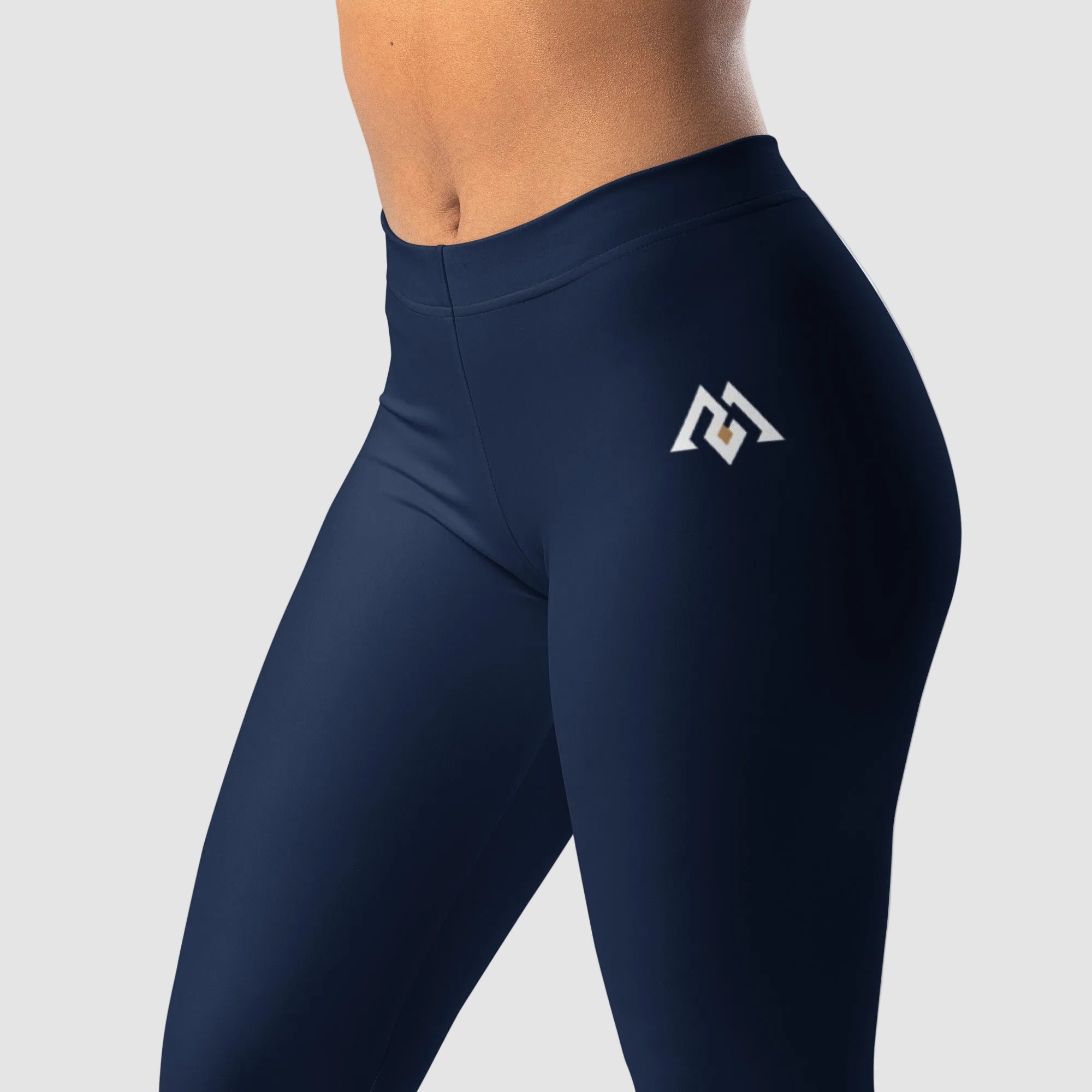Navy blue leggings with a logo on a white background