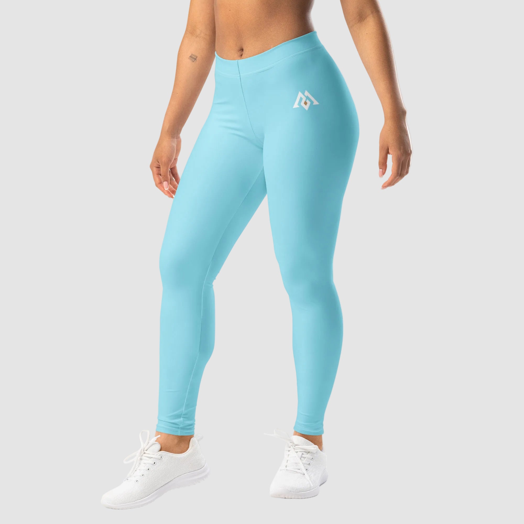 Light blue leggings with a logo on a white background