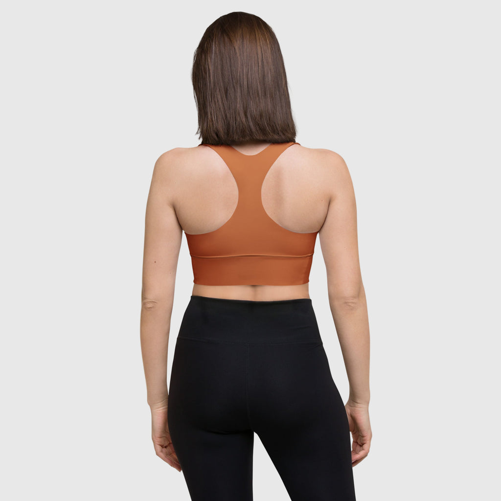 Brown recycled longline sports bra by ActiveAegis – eco-friendly, supportive, and breathable women’s activewear for fitness, yoga, and gym training.
