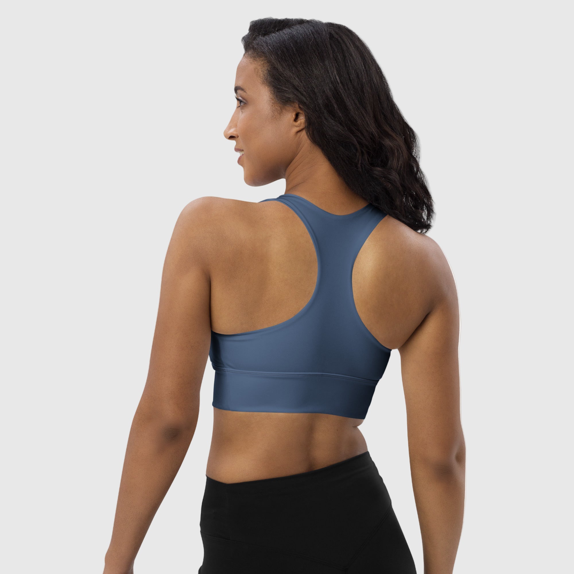 ActiveAegis Recycled Longline Sports Bra in navy blue — sustainable, supportive activewear for women, featuring longline design, removable padding, and breathable mesh lining.