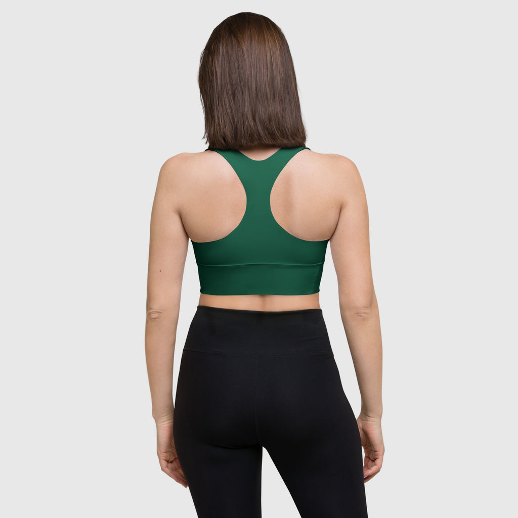 ActiveAegis Recycled Longline Sports Bra in green — sustainable women’s activewear with longline fit, removable padding, and breathable mesh lining for gym, yoga, or training sessions.