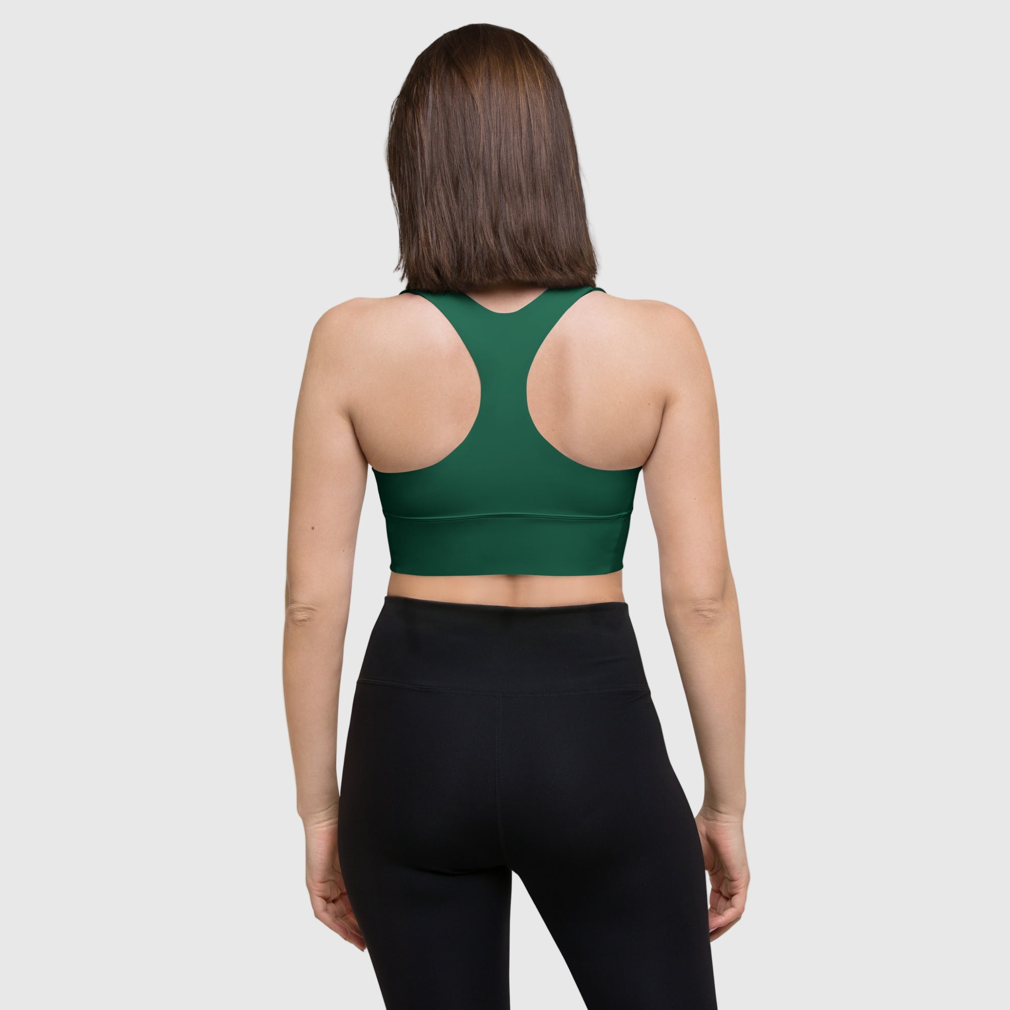 ActiveAegis Recycled Longline Sports Bra in green — sustainable women’s activewear with longline fit, removable padding, and breathable mesh lining for gym, yoga, or training sessions.