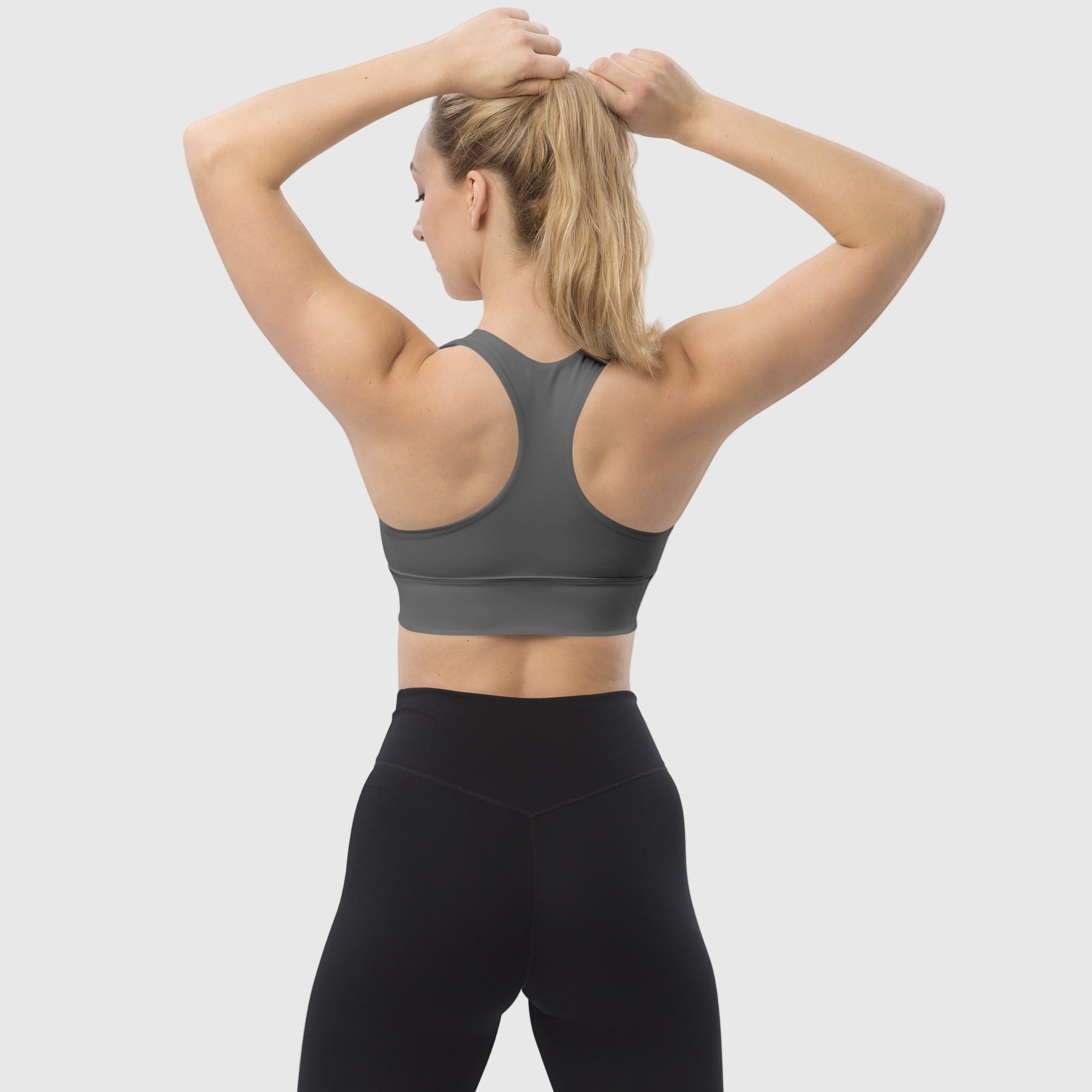 ActiveAegis Recycled Longline Sports Bra in grey — sustainable, minimalist women’s activewear with a longline fit, breathable mesh lining, and removable padding for ultimate support and comfort.