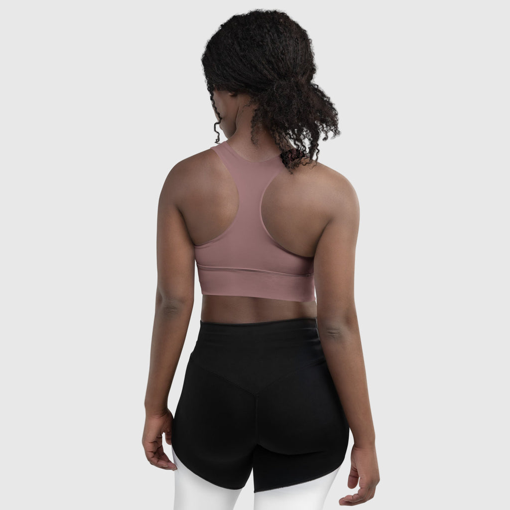 ActiveAegis Recycled Longline Sports Bra in dark brown — sustainable women’s activewear featuring longline fit, removable padding, and breathable mesh lining for comfort, support, and eco-conscious performance.