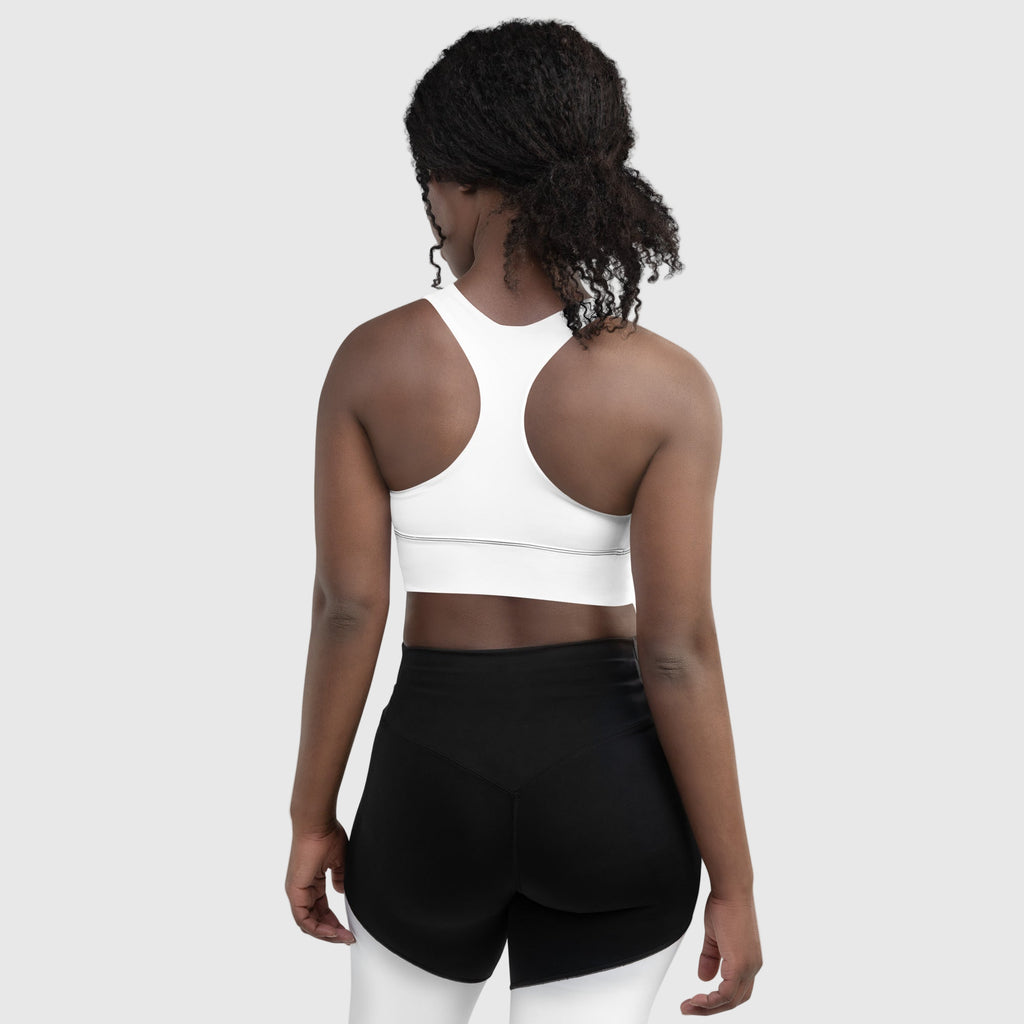 ActiveAegis Recycled Longline Sports Bra in white — sustainable women’s activewear with a longline fit, removable padding, and breathable mesh lining for a sleek, supportive, and eco-conscious gym look.