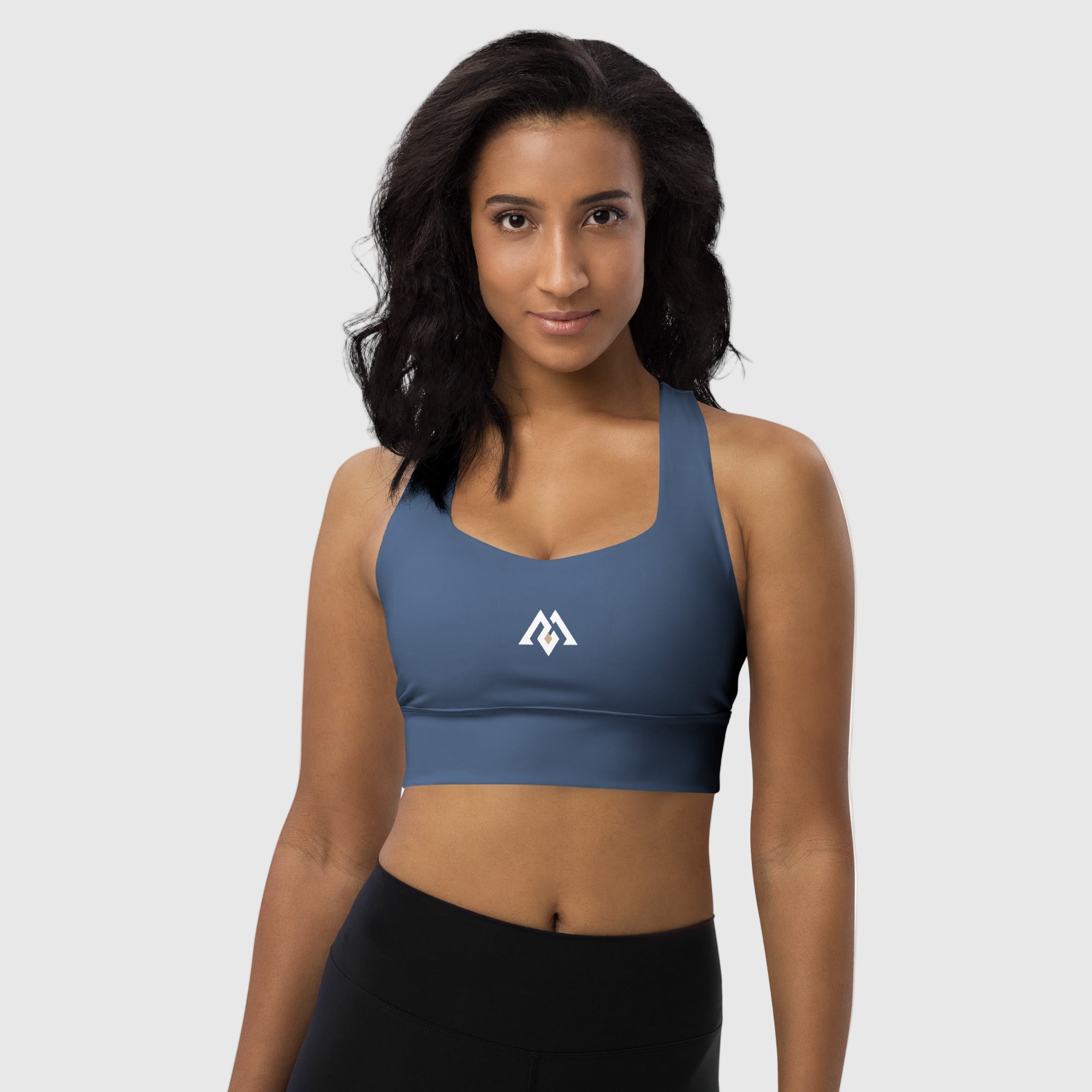 ActiveAegis Recycled Longline Sports Bra in navy blue — sustainable, supportive activewear for women, featuring longline design, removable padding, and breathable mesh lining.