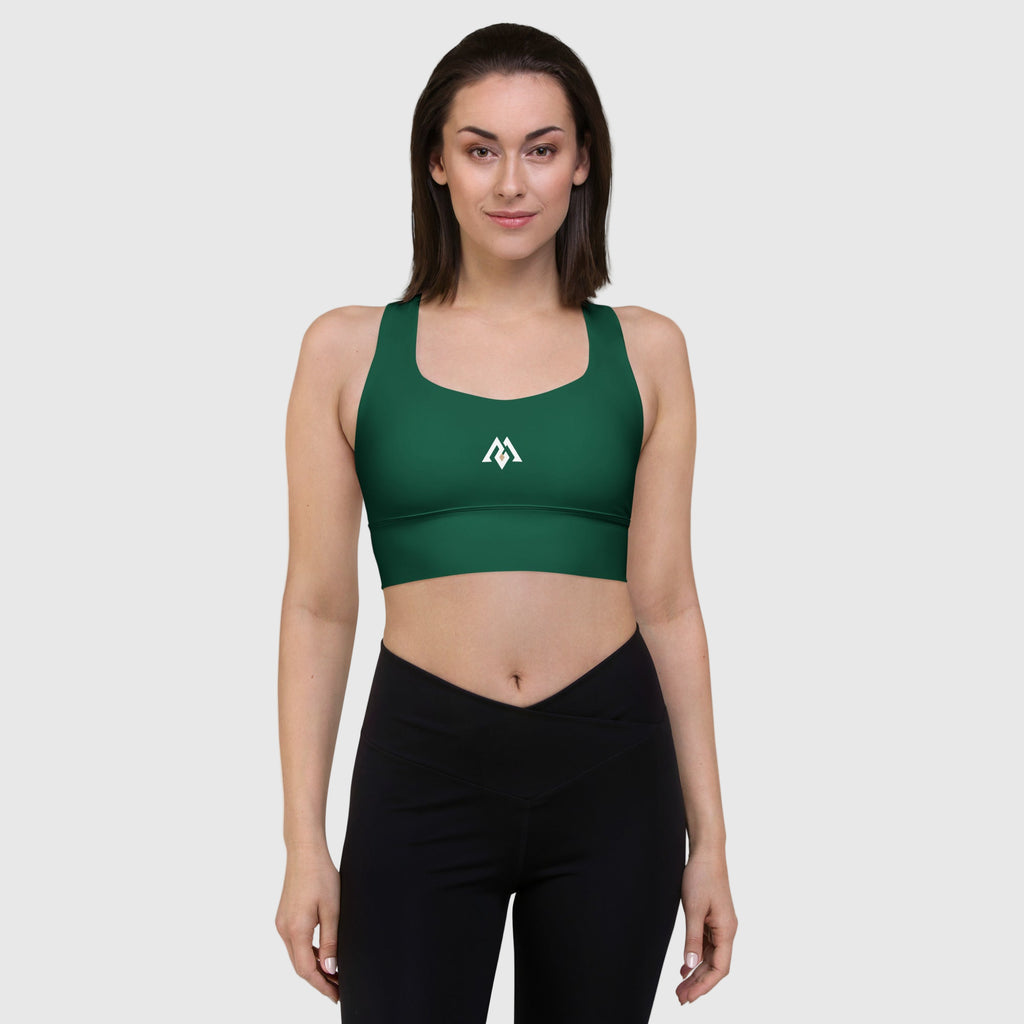 ActiveAegis Recycled Longline Sports Bra in green — sustainable women’s activewear with longline fit, removable padding, and breathable mesh lining for gym, yoga, or training sessions.
