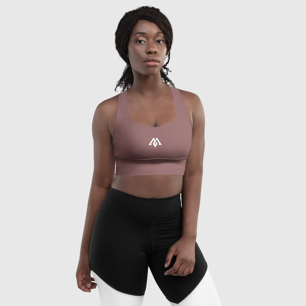 ActiveAegis Recycled Longline Sports Bra in dark brown — sustainable women’s activewear featuring longline fit, removable padding, and breathable mesh lining for comfort, support, and eco-conscious performance.