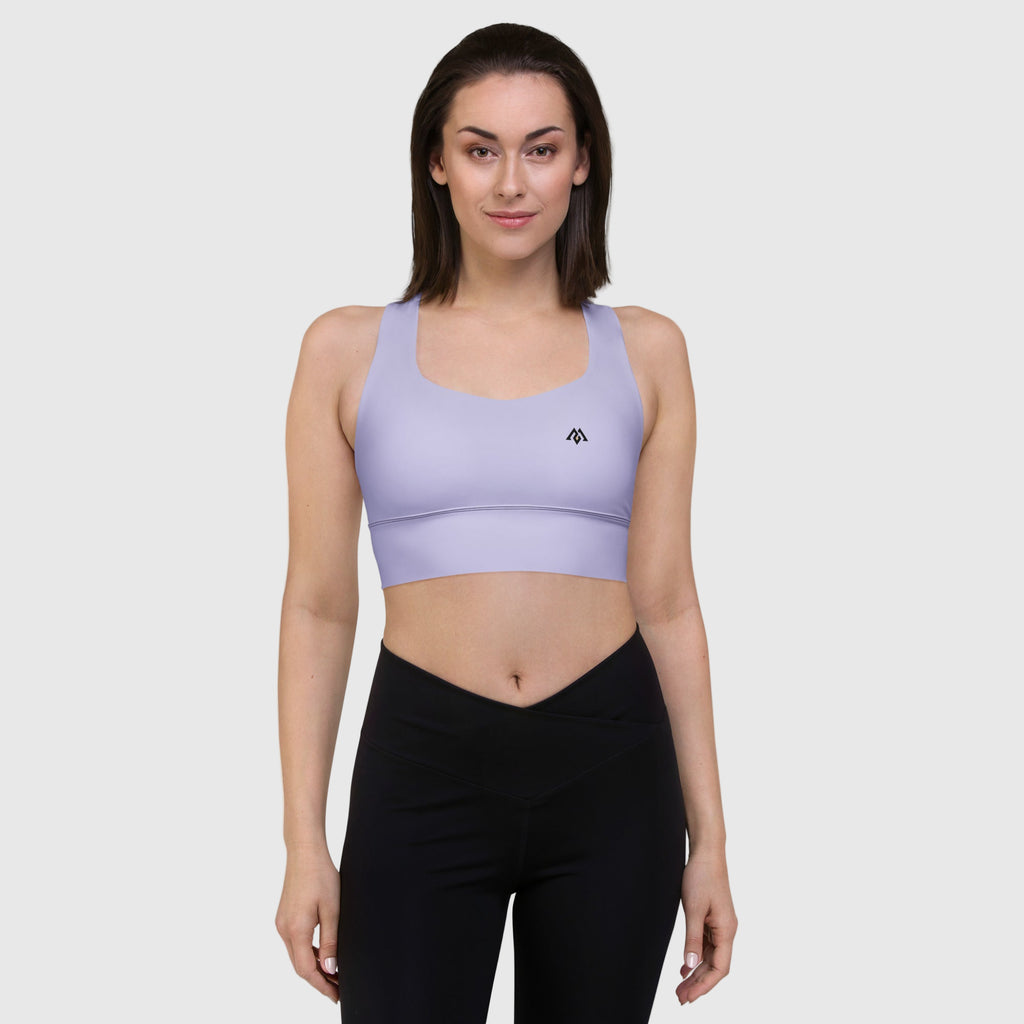 ActiveAegis Recycled Longline Sports Bra in purple — sustainable women’s activewear featuring a longline cut, breathable mesh lining, and removable padding for supportive, eco-conscious performance.