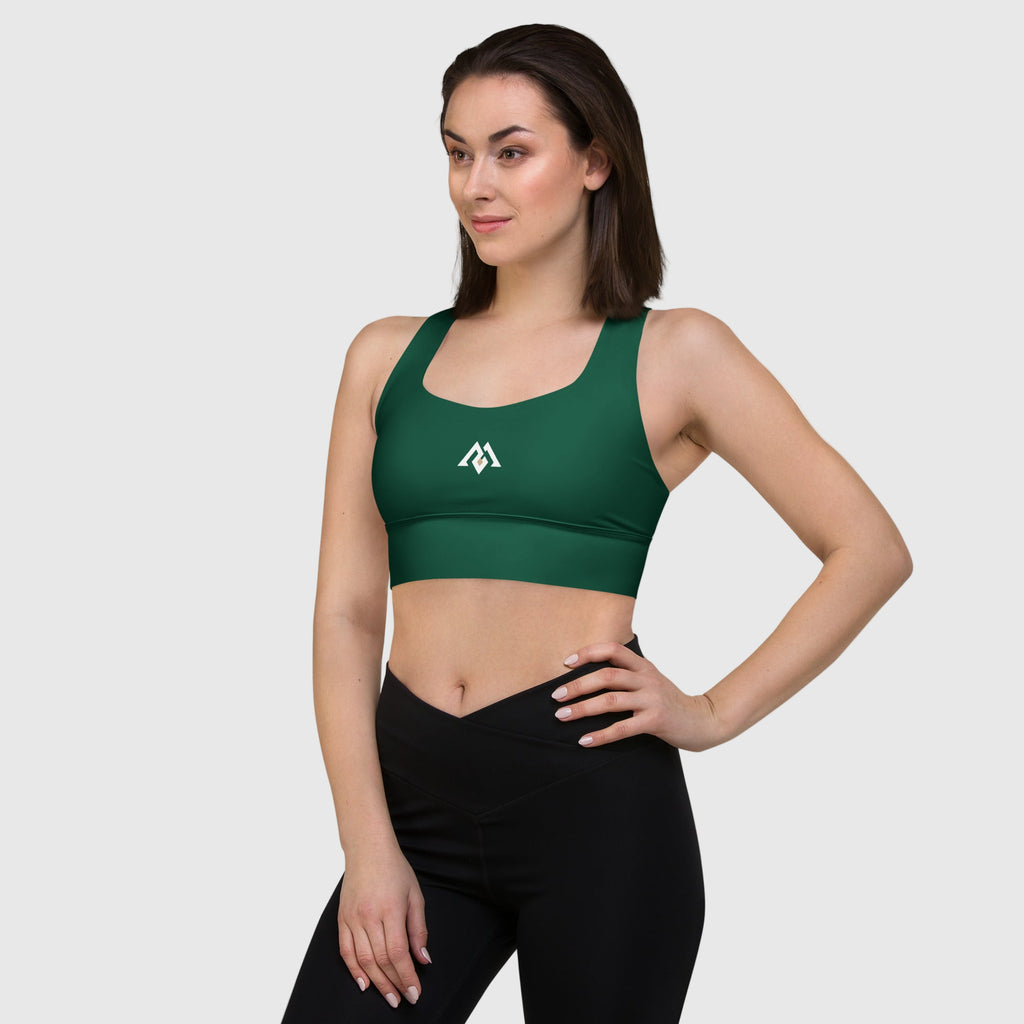 ActiveAegis Recycled Longline Sports Bra in green — sustainable women’s activewear with longline fit, removable padding, and breathable mesh lining for gym, yoga, or training sessions.