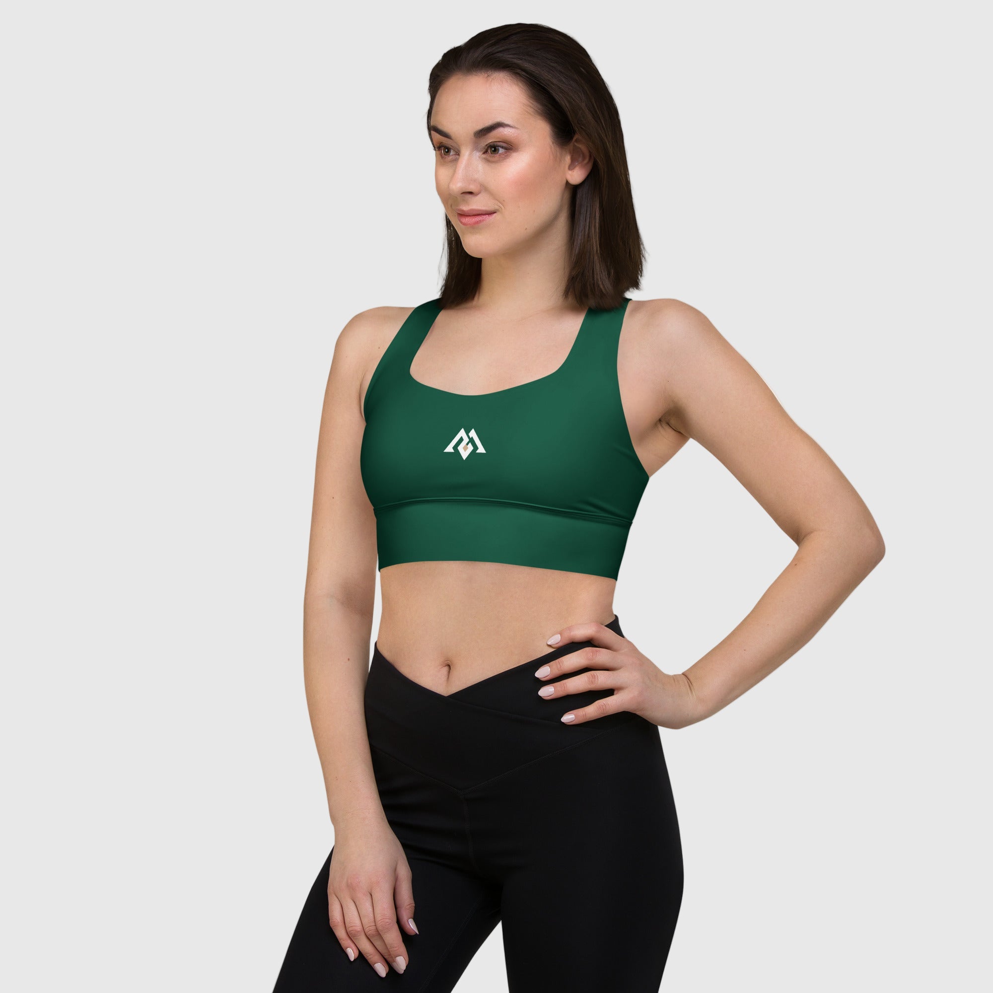 ActiveAegis Recycled Longline Sports Bra in green — sustainable women’s activewear with longline fit, removable padding, and breathable mesh lining for gym, yoga, or training sessions.
