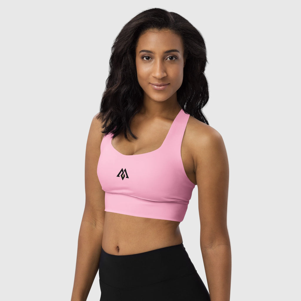 ActiveAegis Recycled Longline Sports Bra in pink — sustainable women’s activewear featuring a longline fit, removable padding, and breathable mesh lining for supportive, comfortable, and eco-conscious performance.