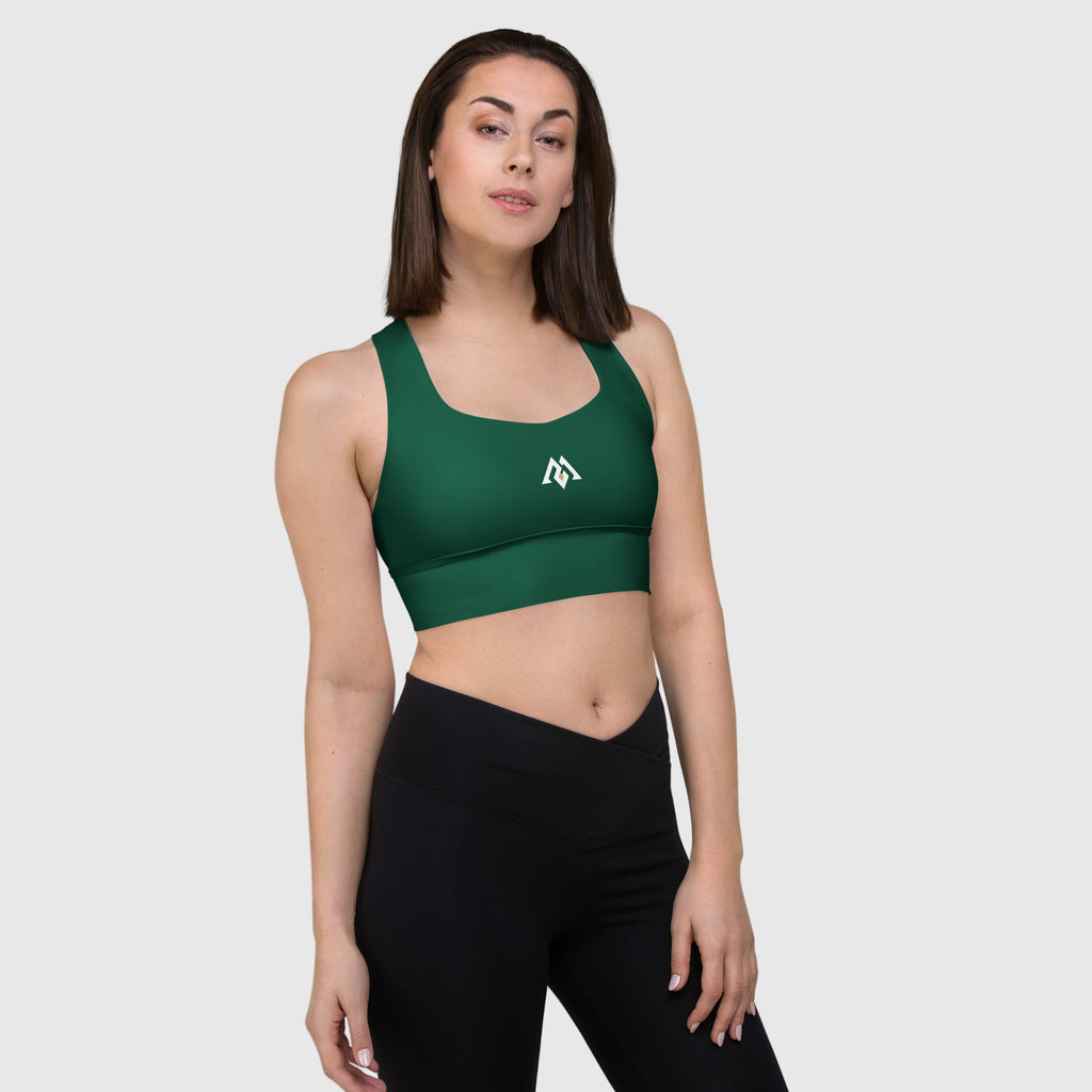 ActiveAegis Recycled Longline Sports Bra in green — sustainable women’s activewear with longline fit, removable padding, and breathable mesh lining for gym, yoga, or training sessions.
