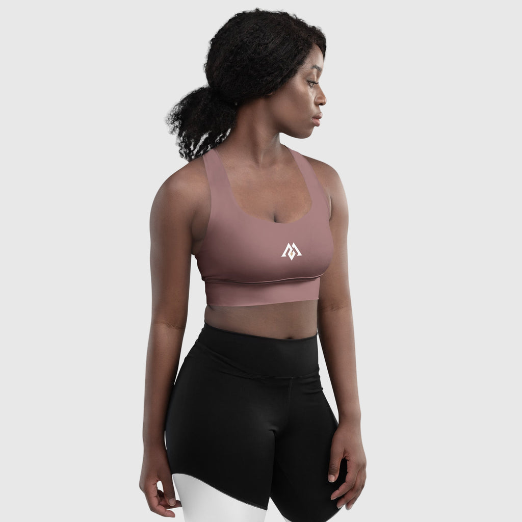 ActiveAegis Recycled Longline Sports Bra in dark brown — sustainable women’s activewear featuring longline fit, removable padding, and breathable mesh lining for comfort, support, and eco-conscious performance.