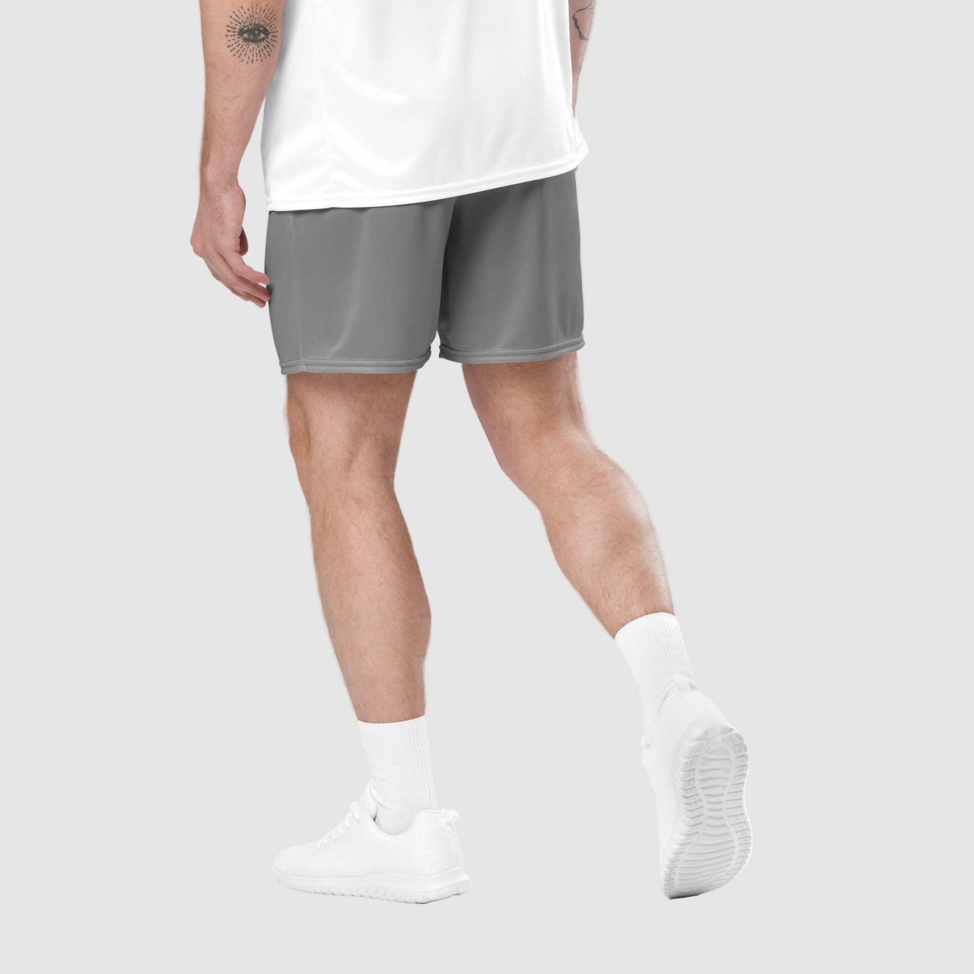 ActiveAegis Unisex Mesh Shorts in Grey – lightweight breathable gym shorts for men and women, perfect for training and everyday wear.