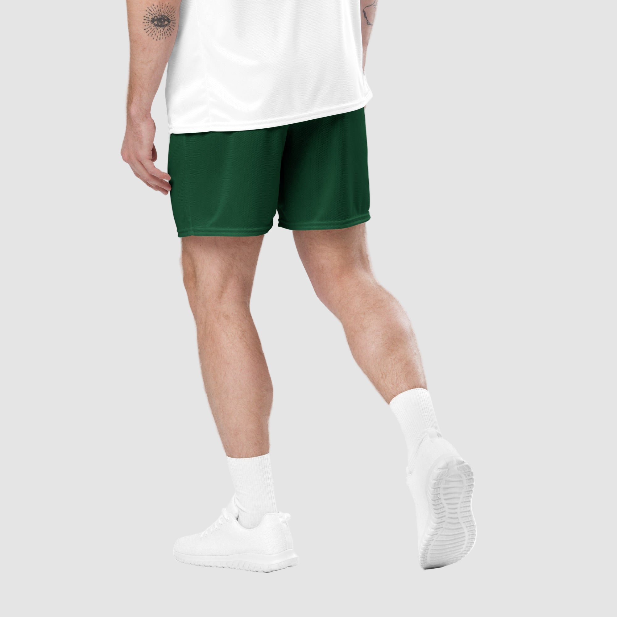 ActiveAegis Unisex Mesh Shorts in Forest Green – lightweight breathable gym shorts for men and women, perfect for workouts, training, and everyday comfort.