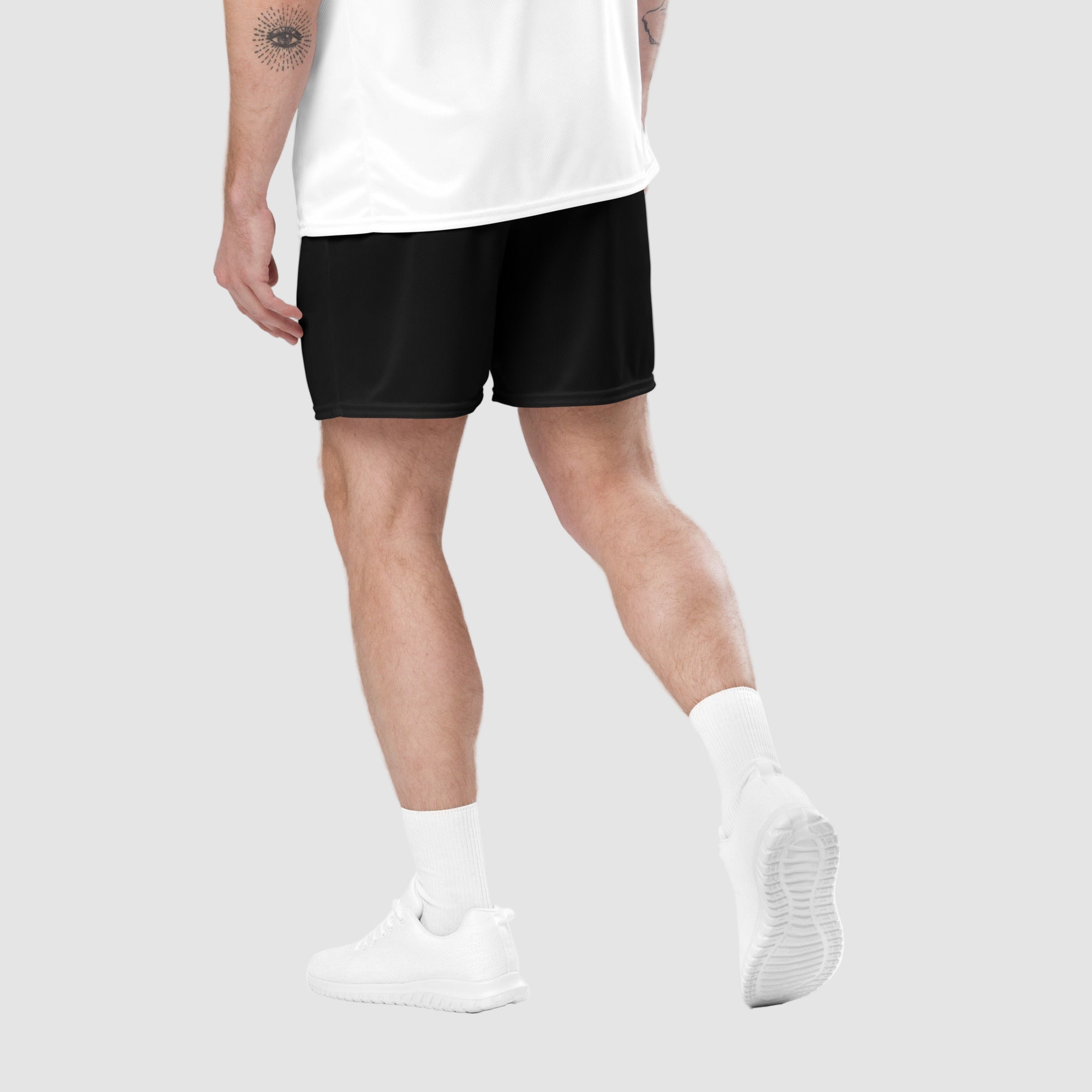ActiveAegis Unisex Mesh Shorts in Black – breathable lightweight gym shorts for men and women, ideal for workouts, training, and casual streetwear