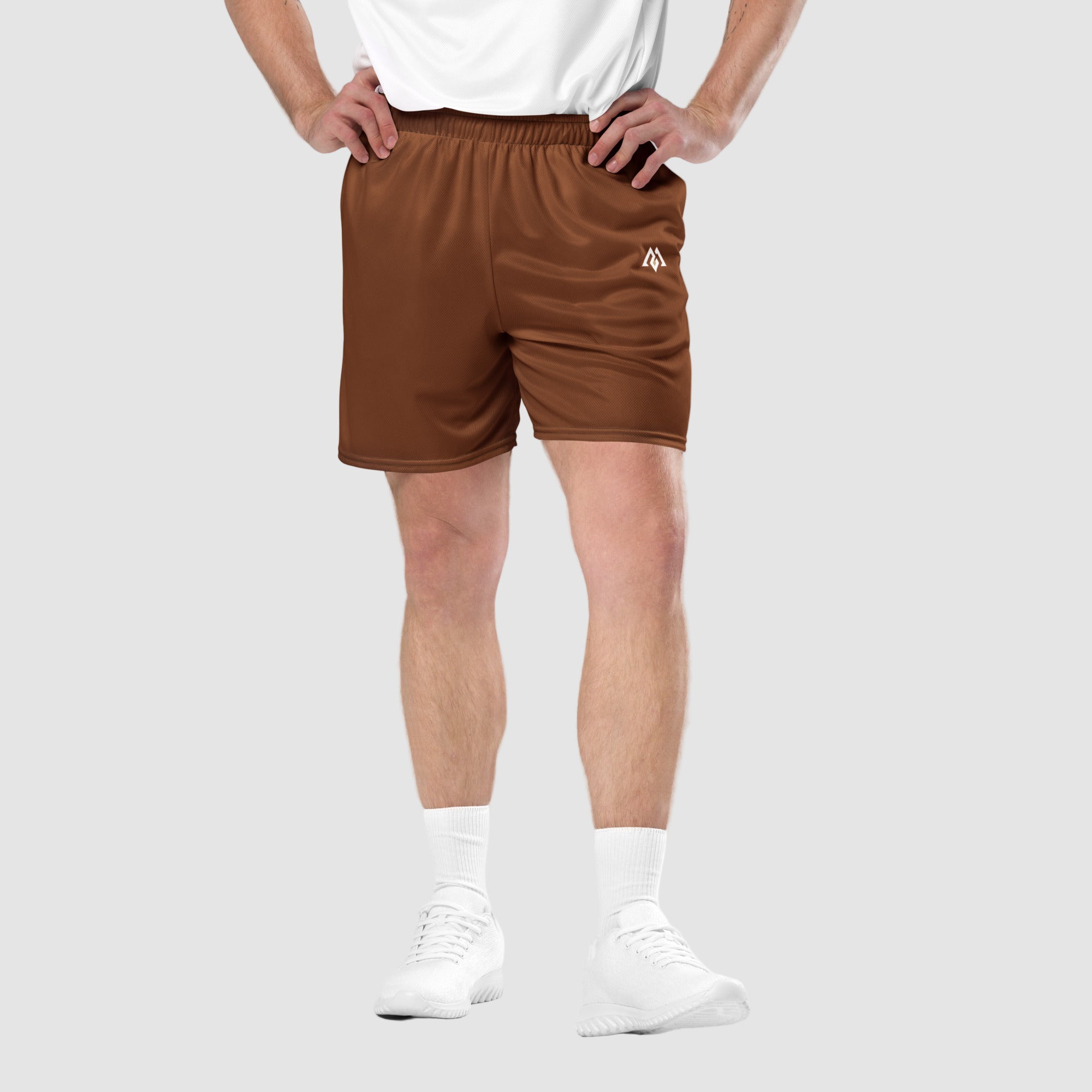 ActiveAegis Unisex Mesh Shorts in Saddle Brown – breathable lightweight gym shorts for men and women, ideal for fitness, running, or casual wear.”
