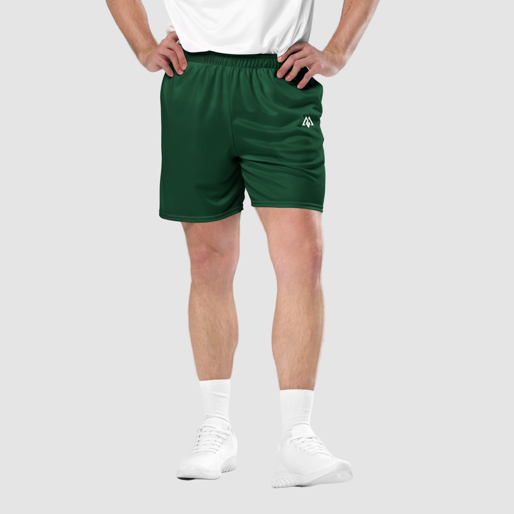 ActiveAegis Unisex Mesh Shorts in Forest Green – lightweight breathable gym shorts for men and women, perfect for workouts, training, and everyday comfort.