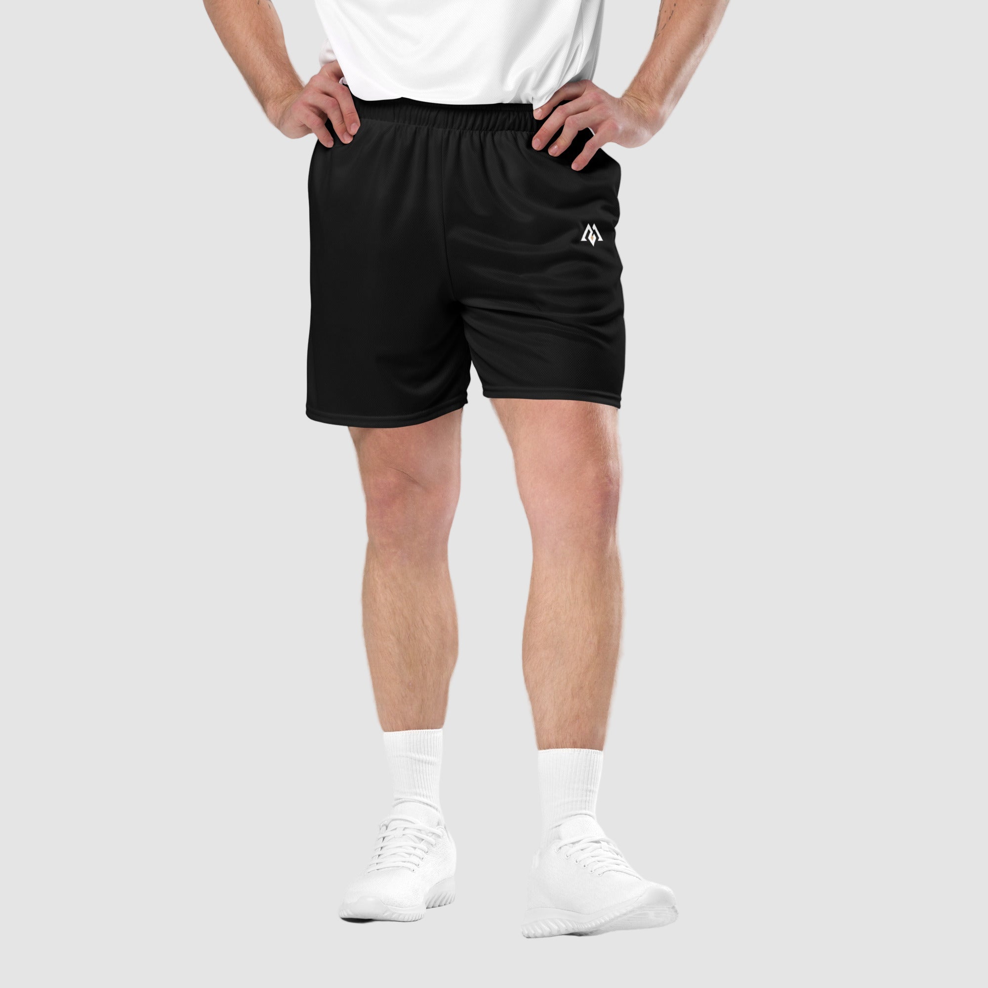 ActiveAegis Unisex Mesh Shorts in Black – breathable lightweight gym shorts for men and women, ideal for workouts, training, and casual streetwear