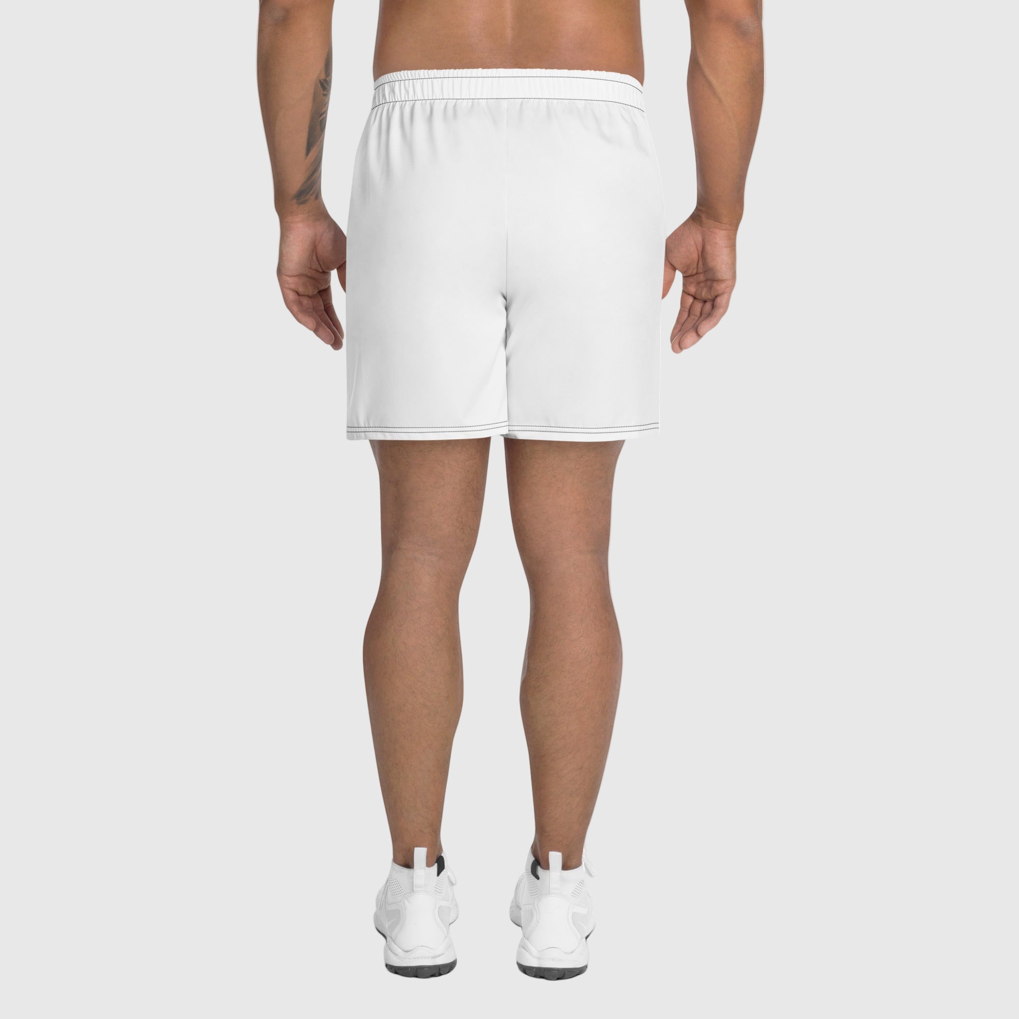 ActiveAegis All-Over Print Unisex Athletic Long Shorts in white — sustainable men’s performance shorts featuring breathable recycled fabric, elastic waistband, side pockets, and four-way stretch for training and everyday wear.