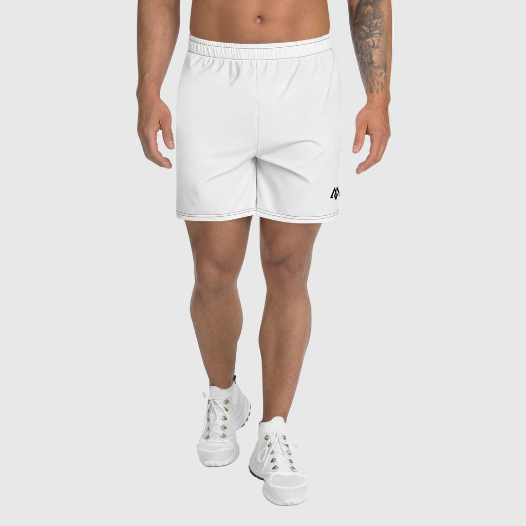 ActiveAegis All-Over Print Unisex Athletic Long Shorts in white — sustainable men’s performance shorts featuring breathable recycled fabric, elastic waistband, side pockets, and four-way stretch for training and everyday wear.