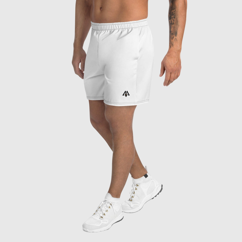 Person wearing white shorts with a logo on a white background