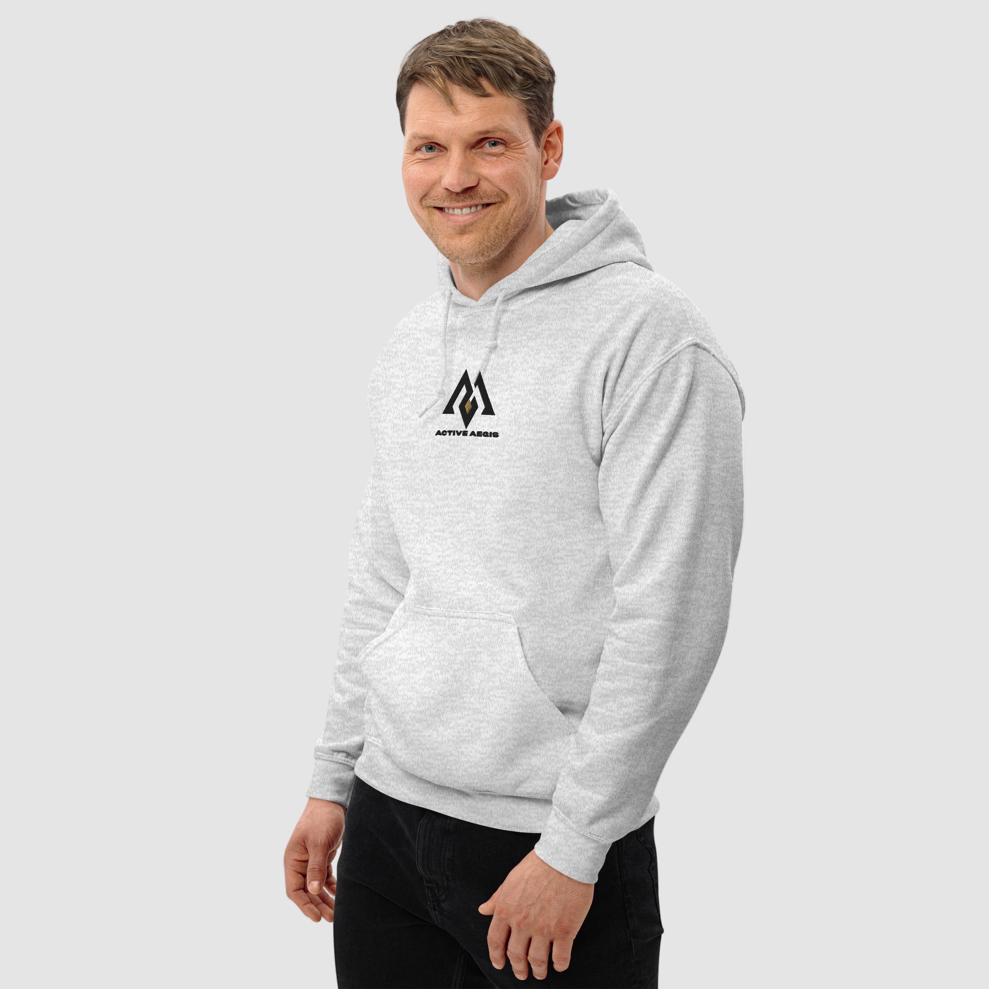 ActiveAegis grey men’s hoodie with athletic fit, minimalist design, and soft cotton-blend fabric.”