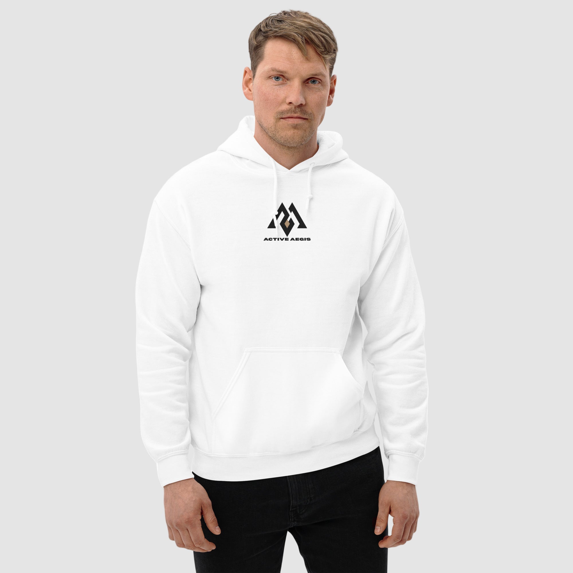 “ActiveAegis men’s hoodie with minimalist athletic design, soft cotton-blend fabric, front pocket, and structured men’s fit.”