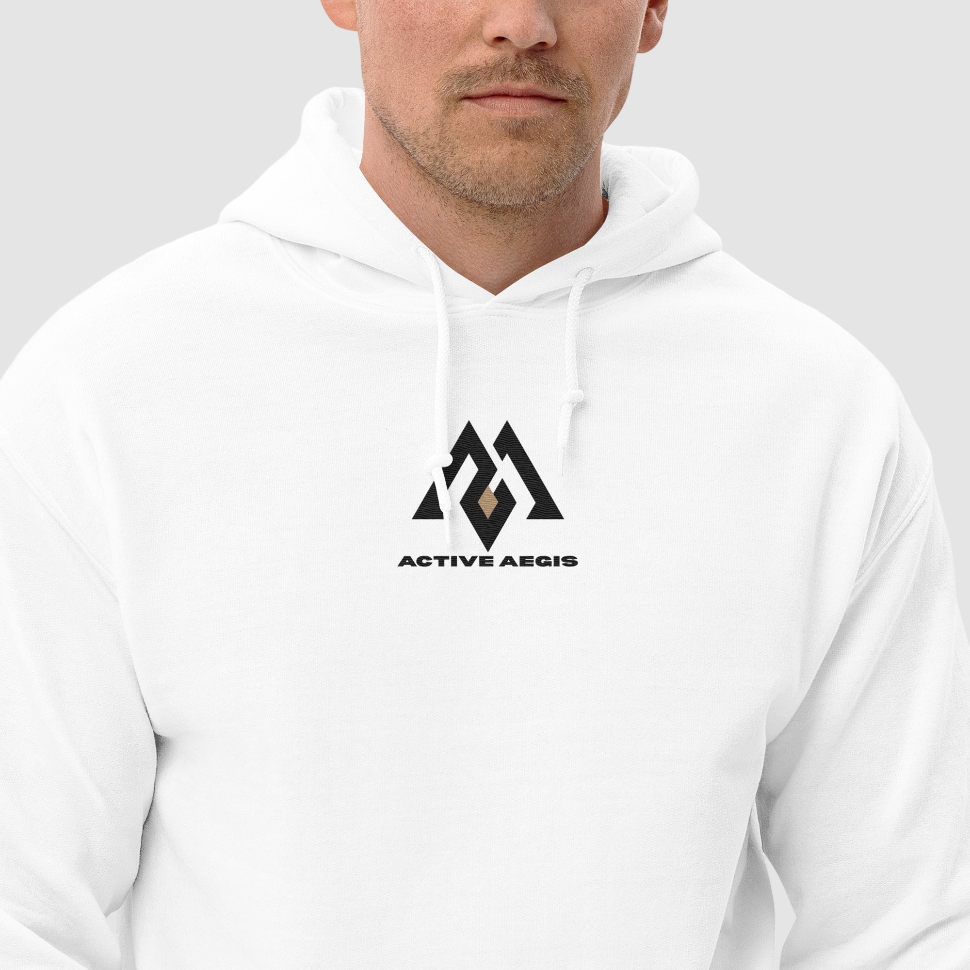 White hoodie with 'Active Aegis' logo worn by a person