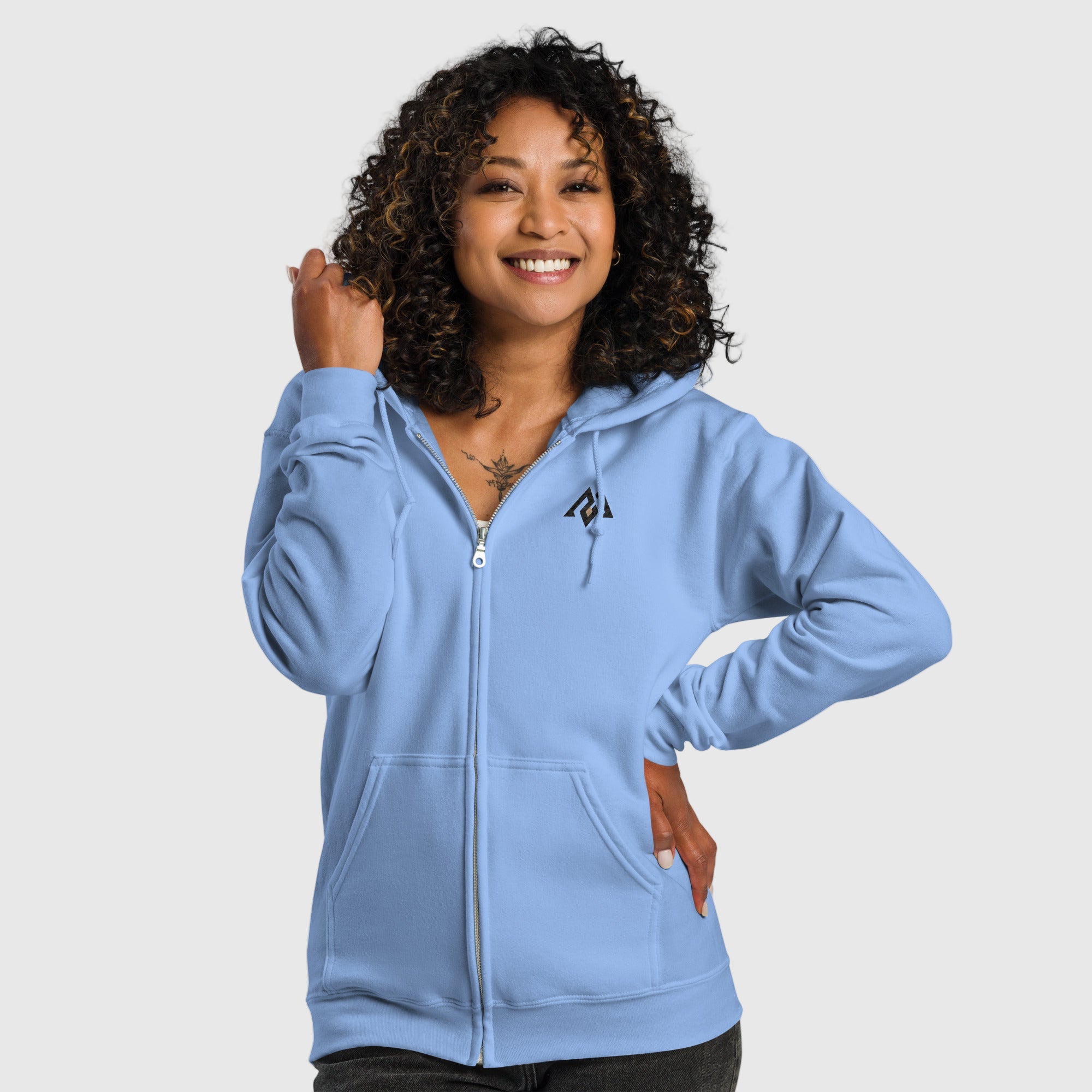 Women’s heavy blend zip hoodie with soft fleece interior and minimalist Active Aegis logo — classic zip-up design for gym, streetwear, or everyday comfort.”