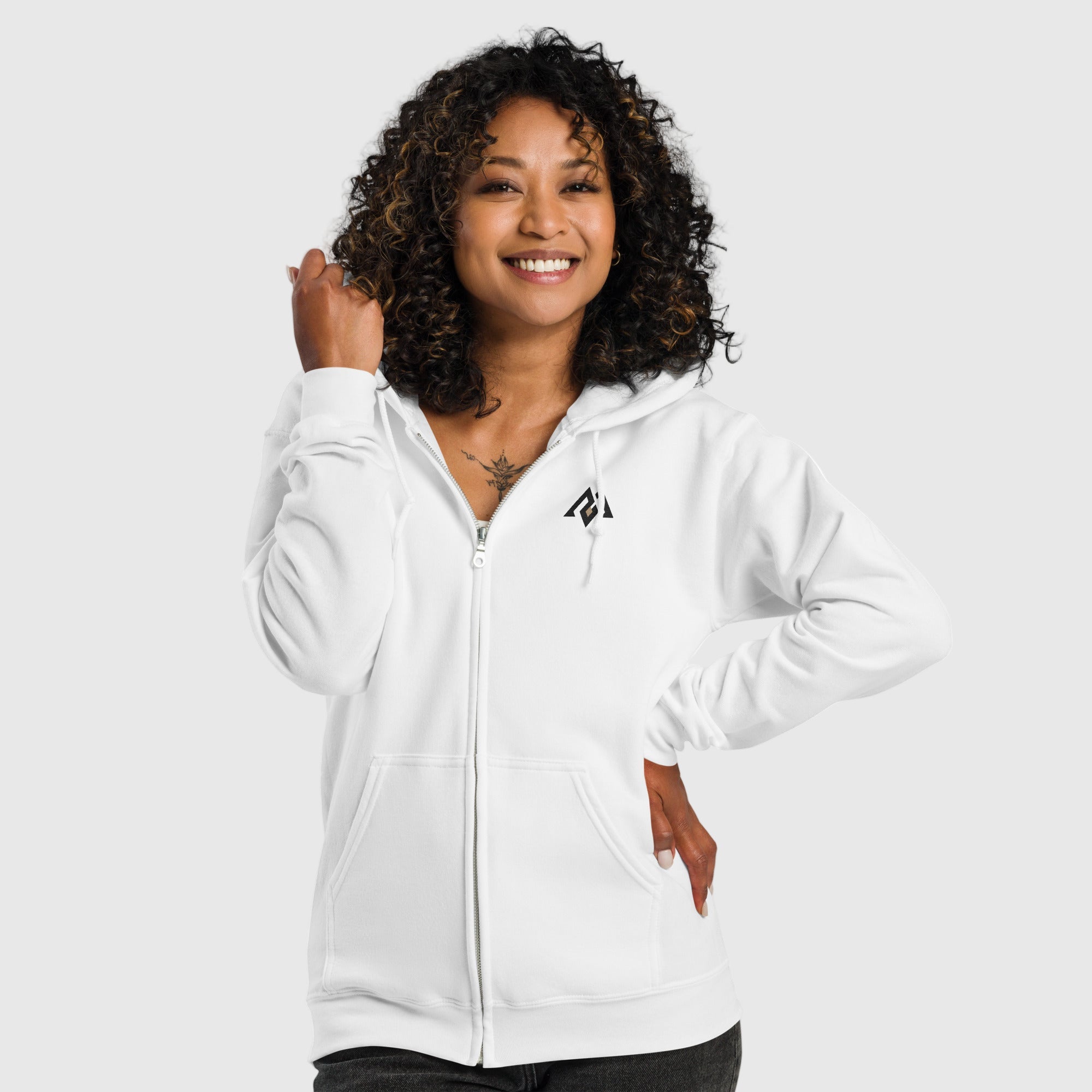 Women’s heavy blend zip hoodie with soft fleece interior and minimalist Active Aegis logo — classic zip-up design for gym, streetwear, or everyday comfort.”