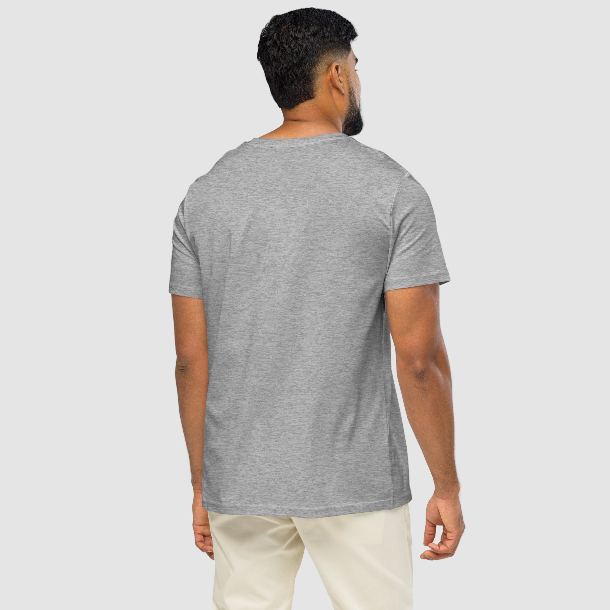 Model wearing ActiveAegis Unisex Organic Mid-Light T-Shirt in grey – breathable 100% organic cotton tee designed for comfort, sustainability, and everyday performance