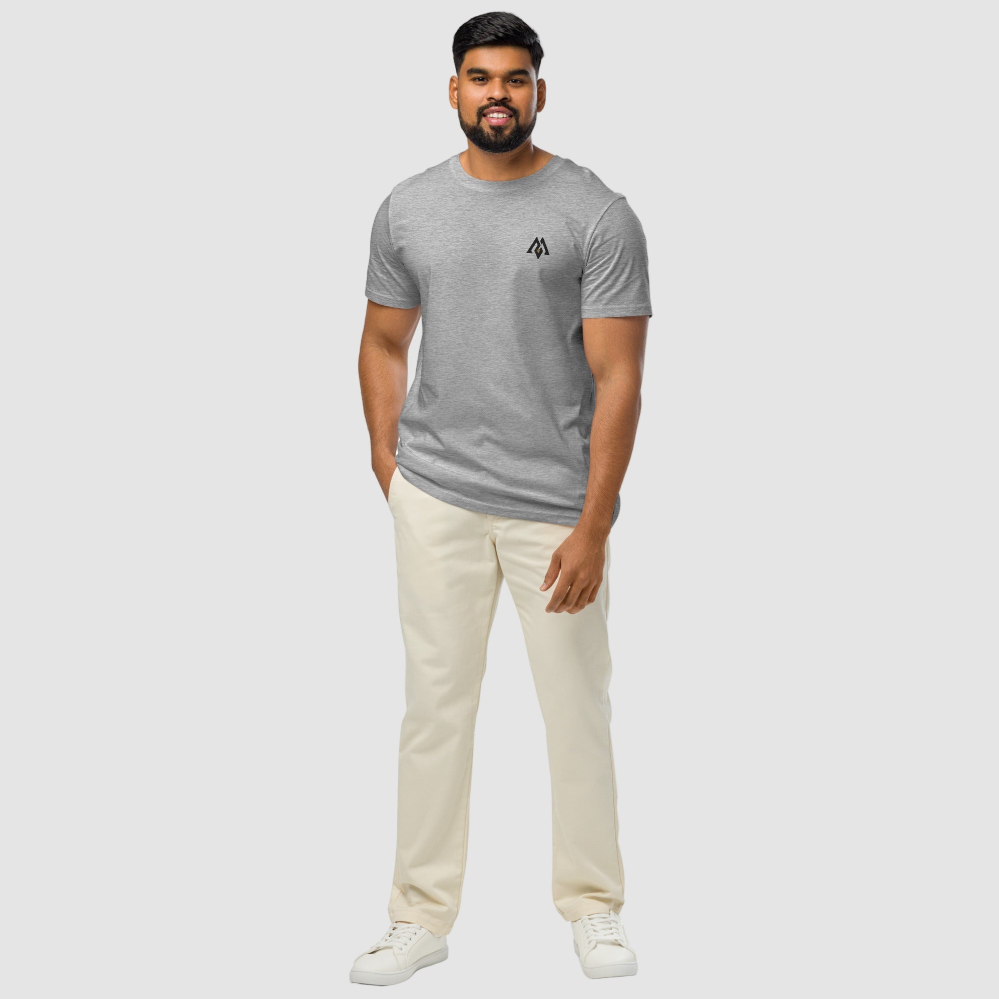 Model wearing ActiveAegis Unisex Organic Mid-Light T-Shirt in grey – breathable 100% organic cotton tee designed for comfort, sustainability, and everyday performance