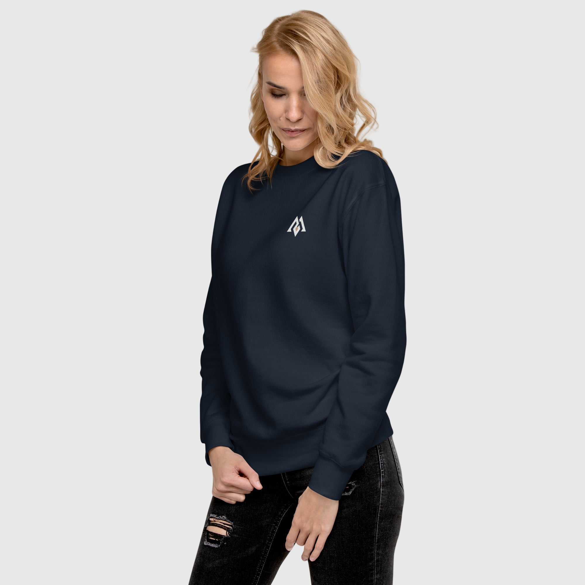 “Women’s premium fleece sweatshirt with minimalist Active Aegis logo — soft cotton blend, ribbed cuffs and hem, ideal for gym, casual, or streetwear looks.”